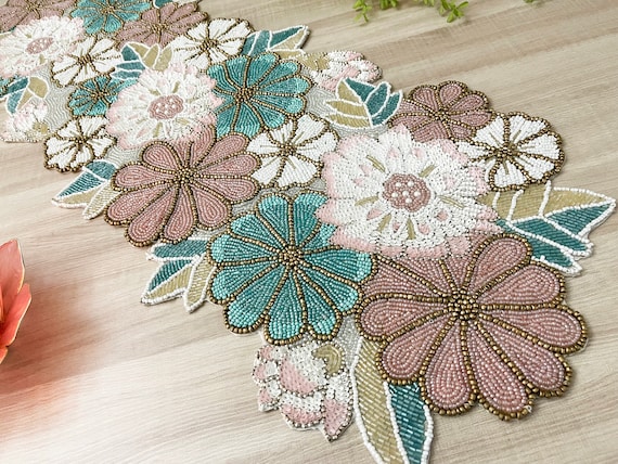 Handmade Table Runner, Floral Spring Beaded Table Runner