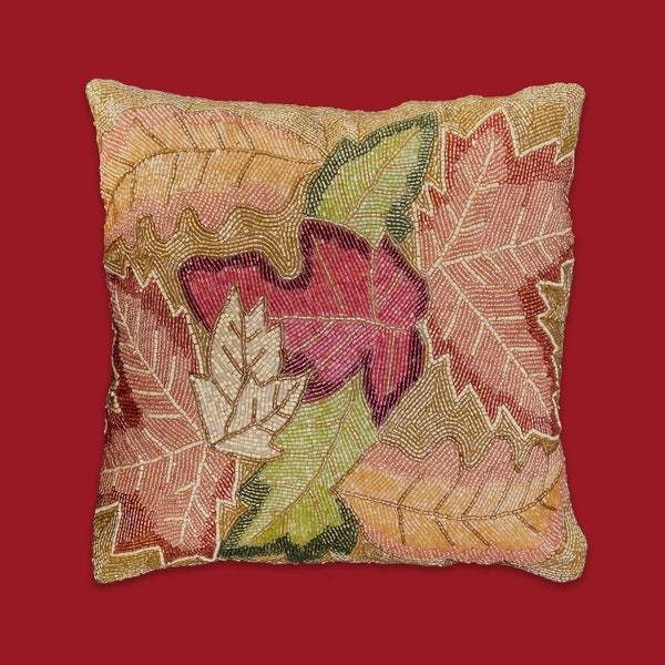 Handmade beaded cushion cover// maple leaves// cushion case// embellished accent// easter decor// beaded pillow cover