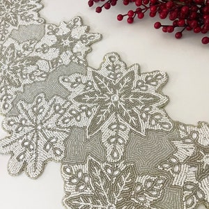 Handmade bead table runner, Christmas beaded runner, White snowflakes, 13x36inch