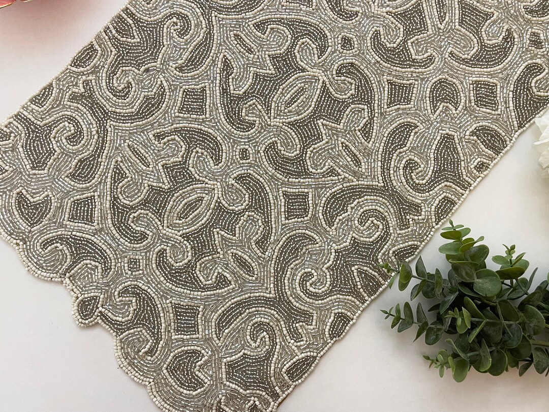 Handmade Bead Table Runner, Beaded Runner, Silver and White, 13x36inch ...