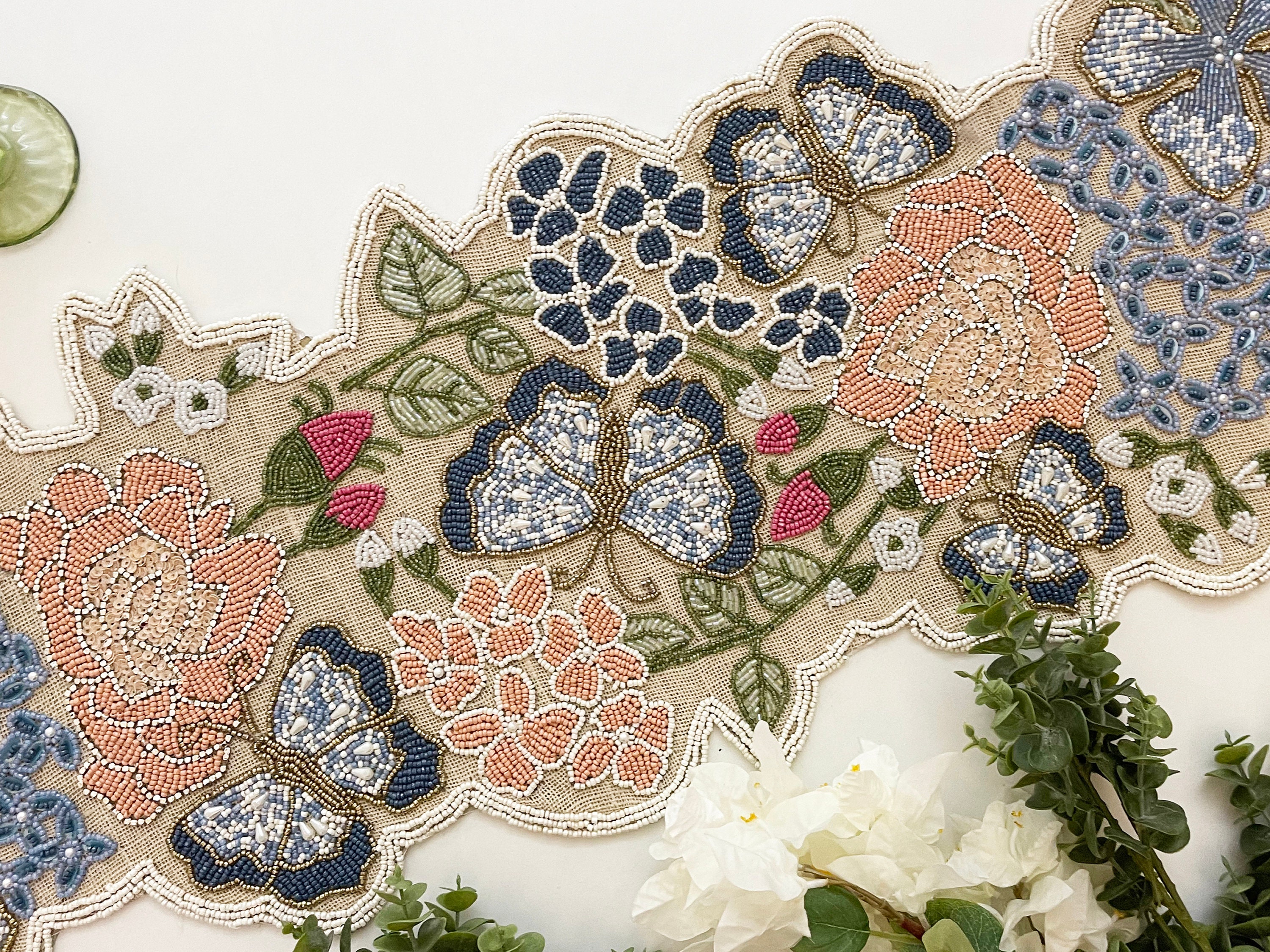 Handmade Table Runner, Floral Beaded Runner on Burlap, Multicolor ...