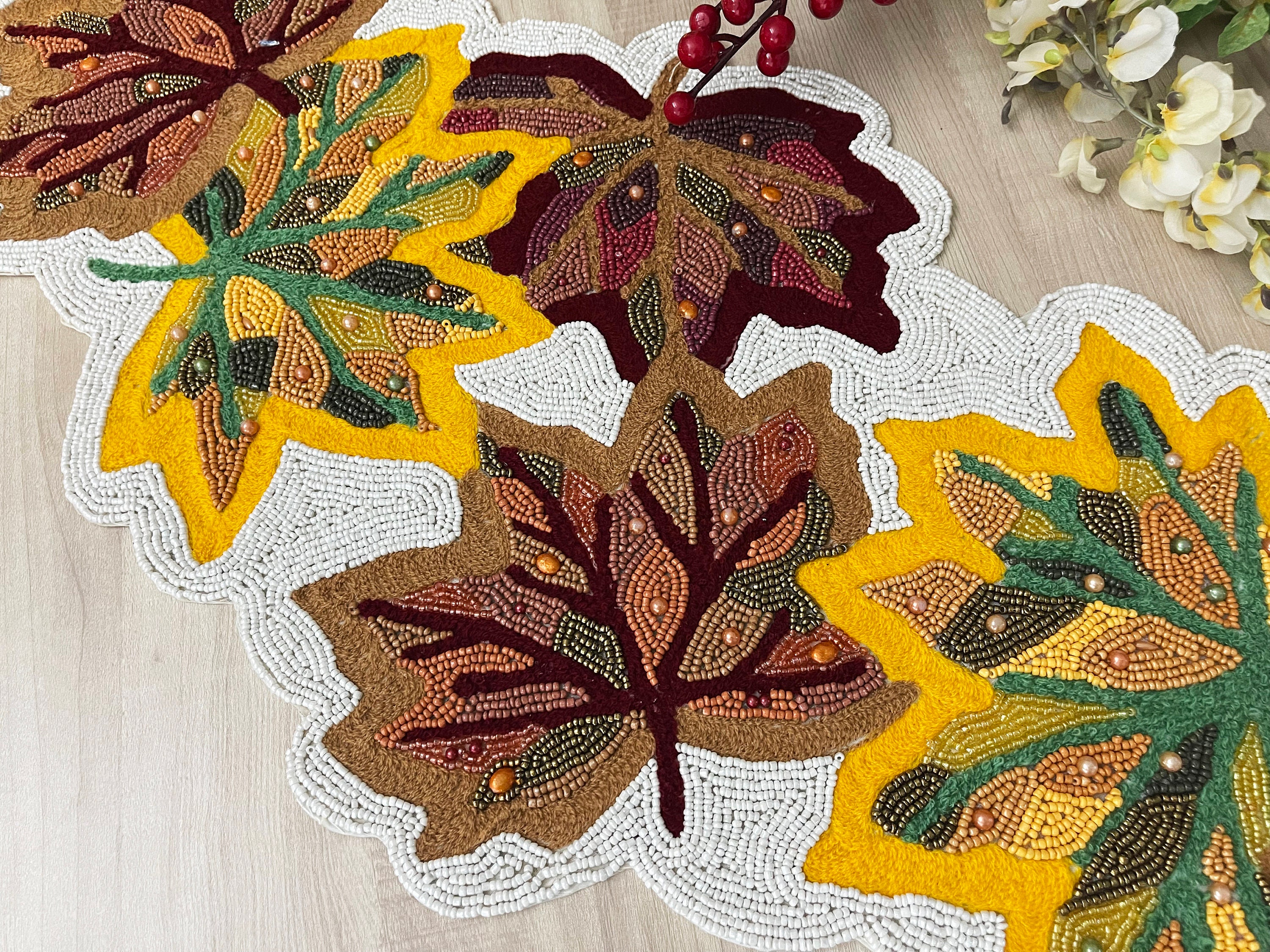 Handmade Beaded Table Runner: Multicolored Maple Leaf Design (13x36 ...