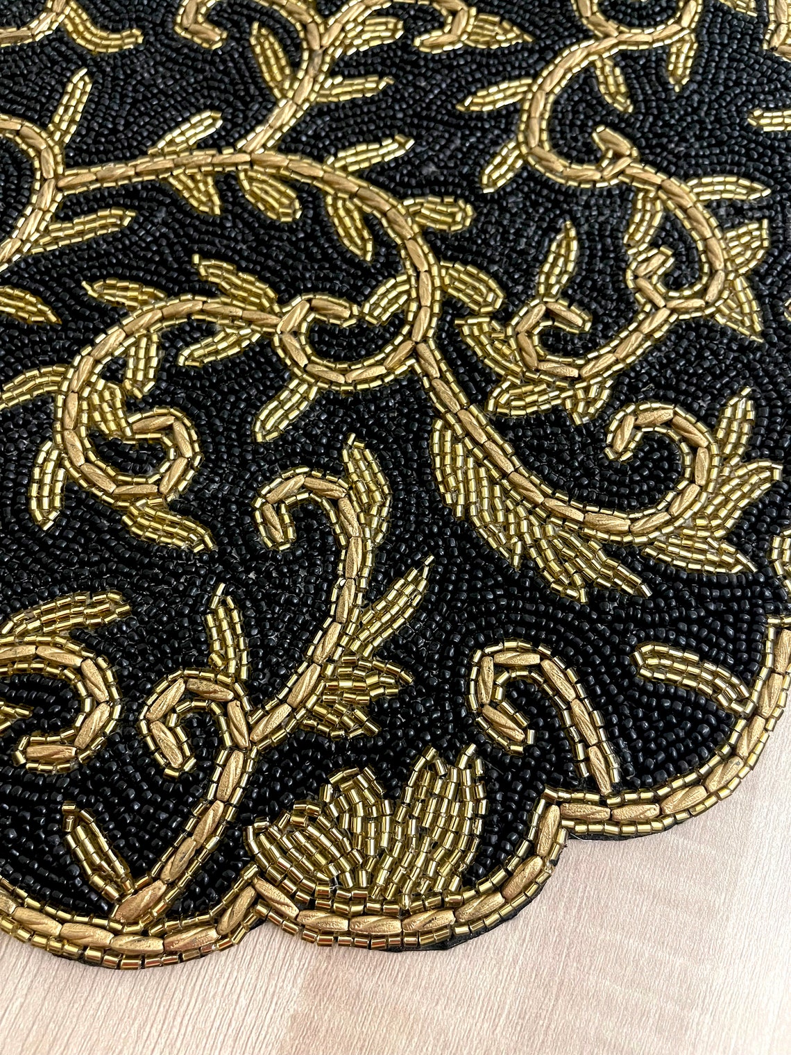 Handmade Table Runner Beaded Black Gold Runner Floral Design Etsy
