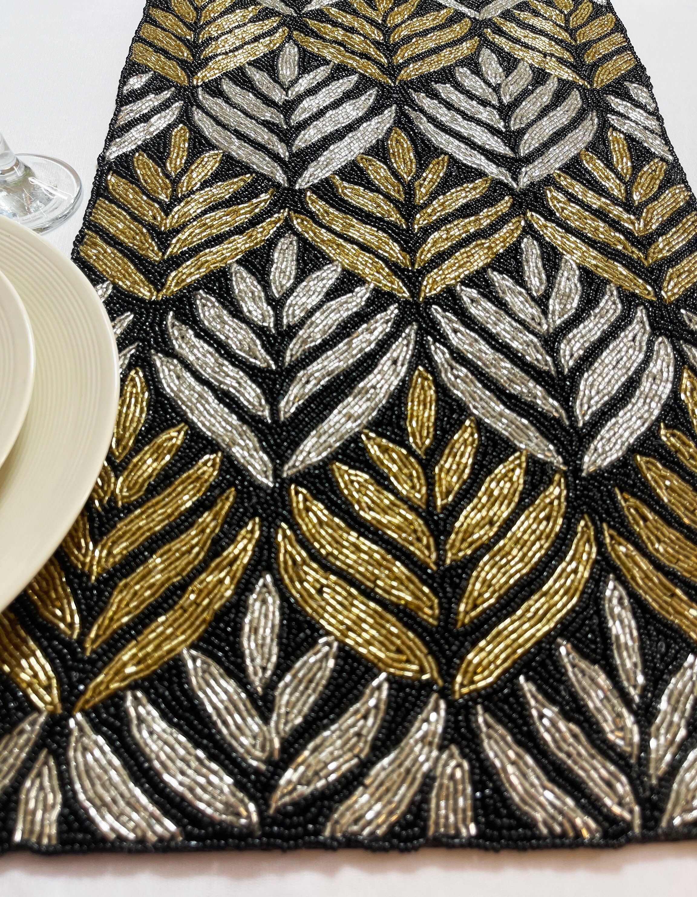 Handmade table runner gold and silver on black hand beaded Etsy
