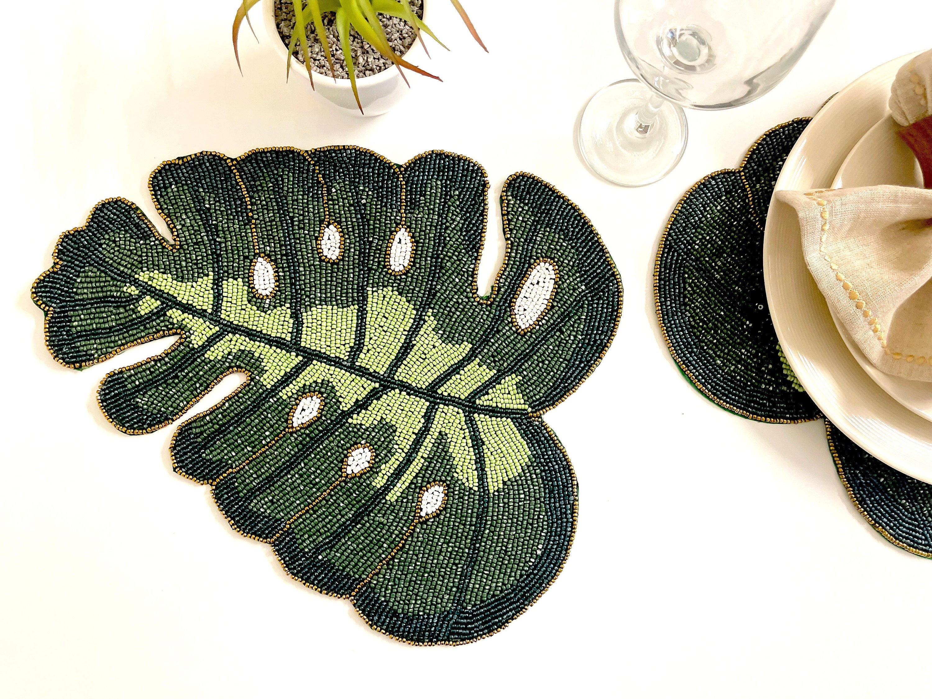 Handmade Beaded Placemat Leaf Tablemat 14 Inch Green Bead Etsy India