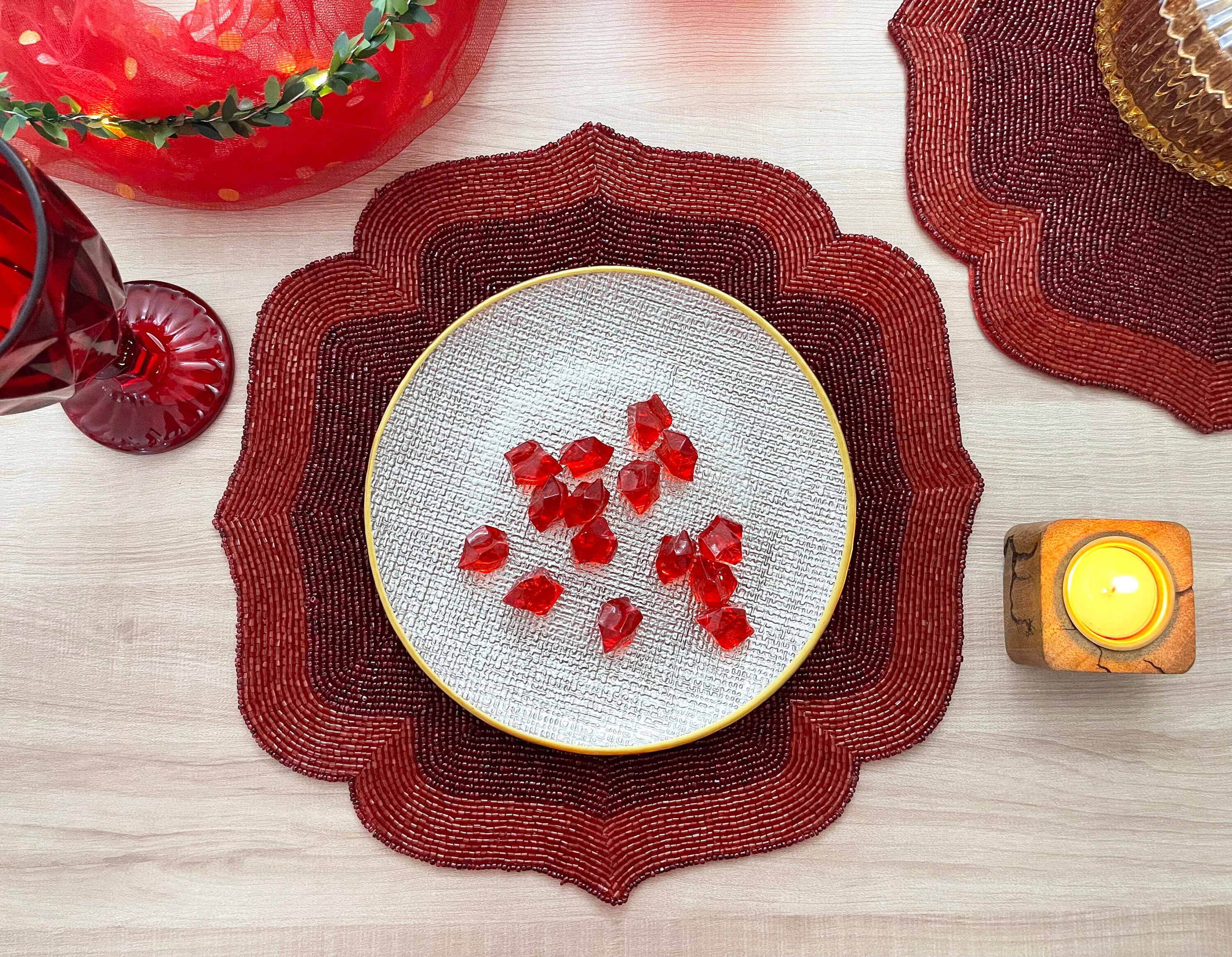 Red Beaded Placemat Party Table Ware Xmas Wedding Decor Dinner Round Mat Plate