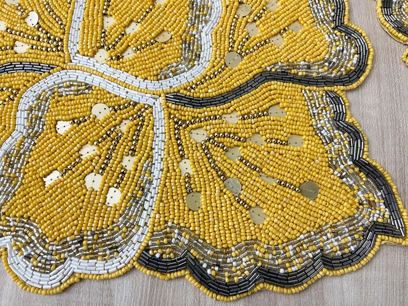 Handmade Beaded Placemat Tablemat 14 Inch Yellow Gold Grey Etsy