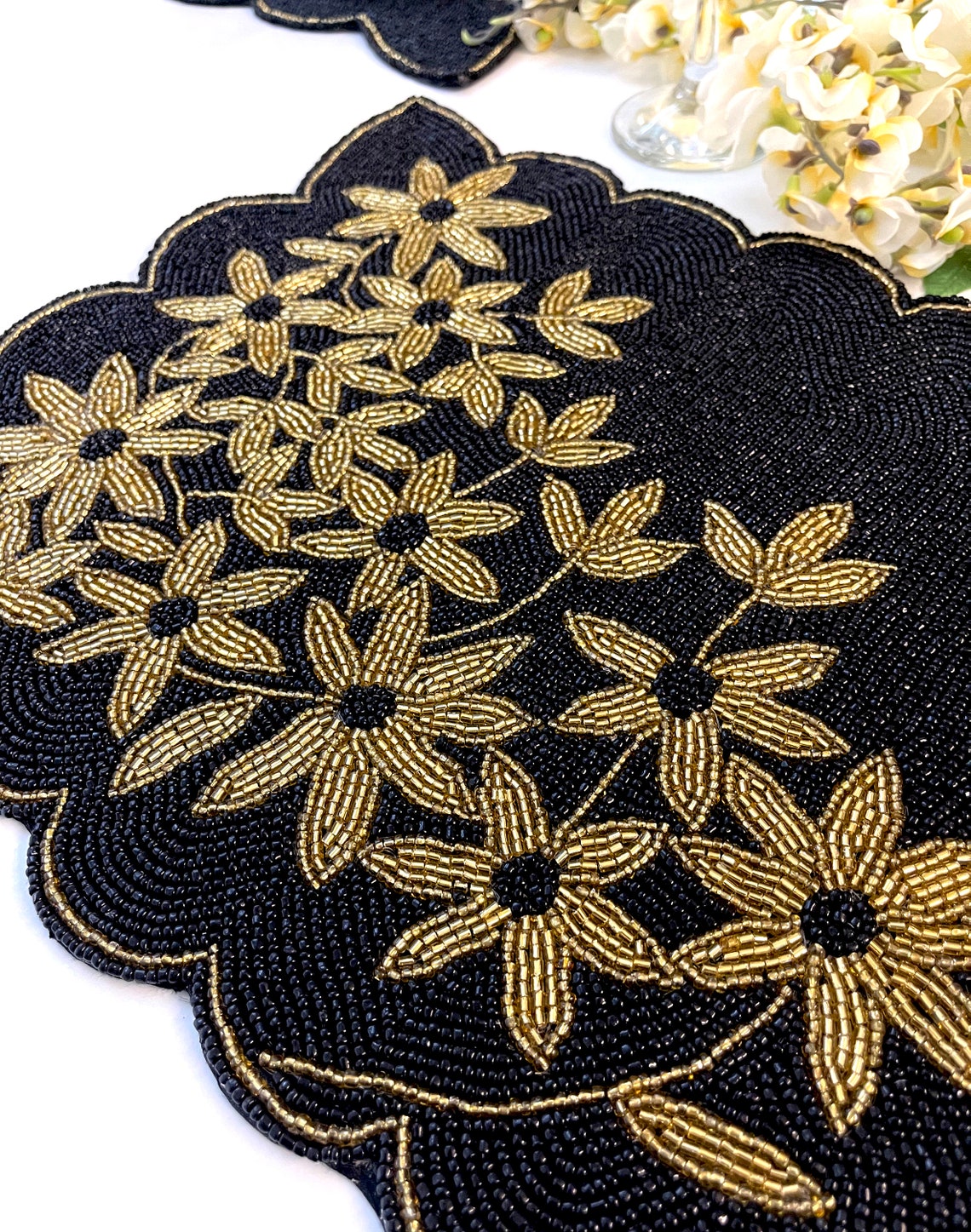 Handmade Beaded Placemat Black and Gold Bead Charger Etsy UK