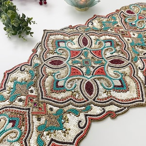 Handmade table runner, luxury beaded runner, centerpiece multicolor, 13x36inch