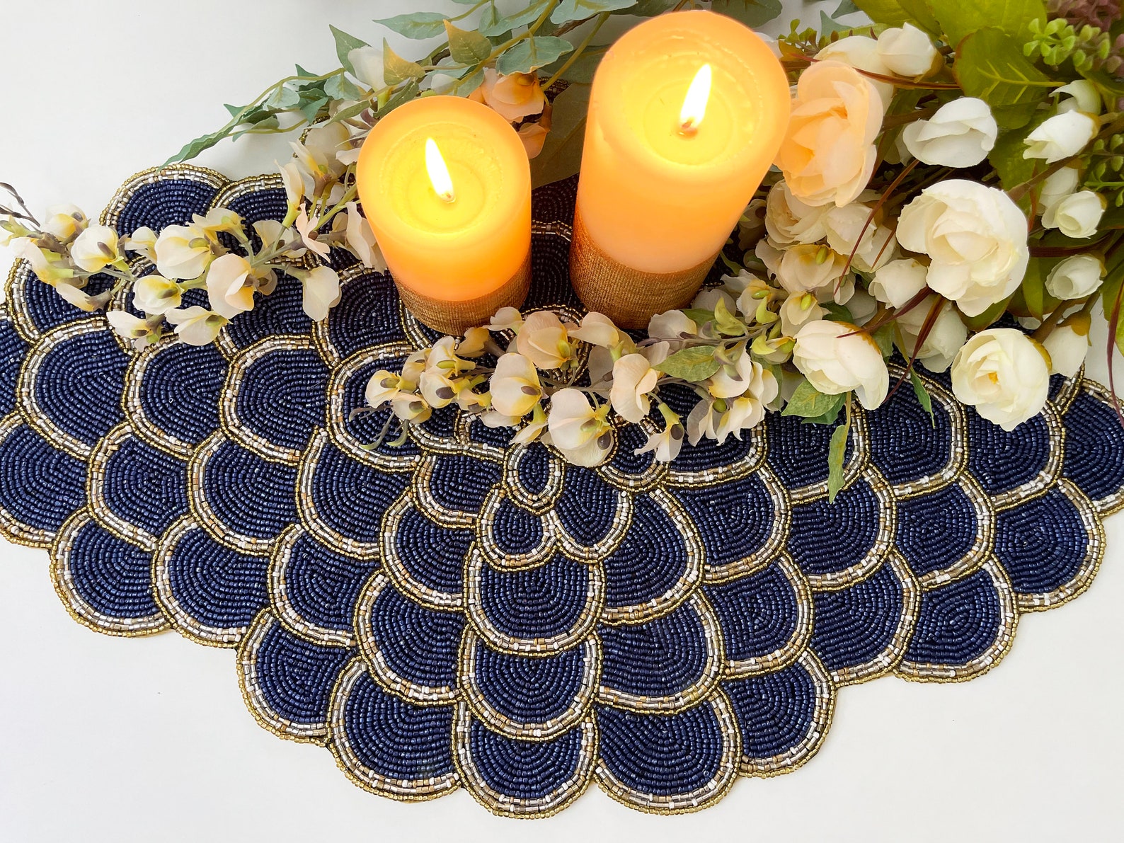 Handmade XL Placemat Beaded Table Runner Oval Navy Blue Etsy