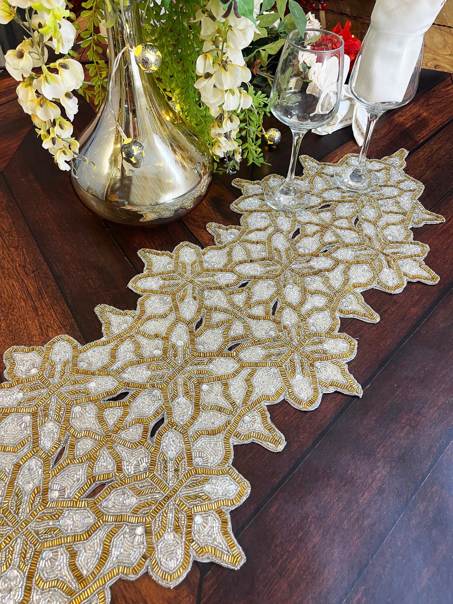 Handmade table runner beaded table runner gold and clear Etsy