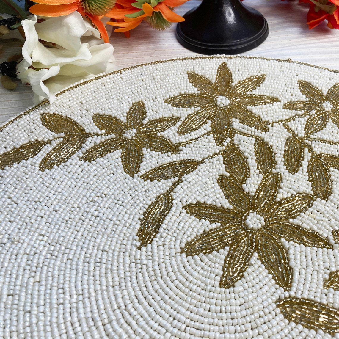 Handmade Beaded Placemat Beaded Tablemat 14 Inch White Etsy