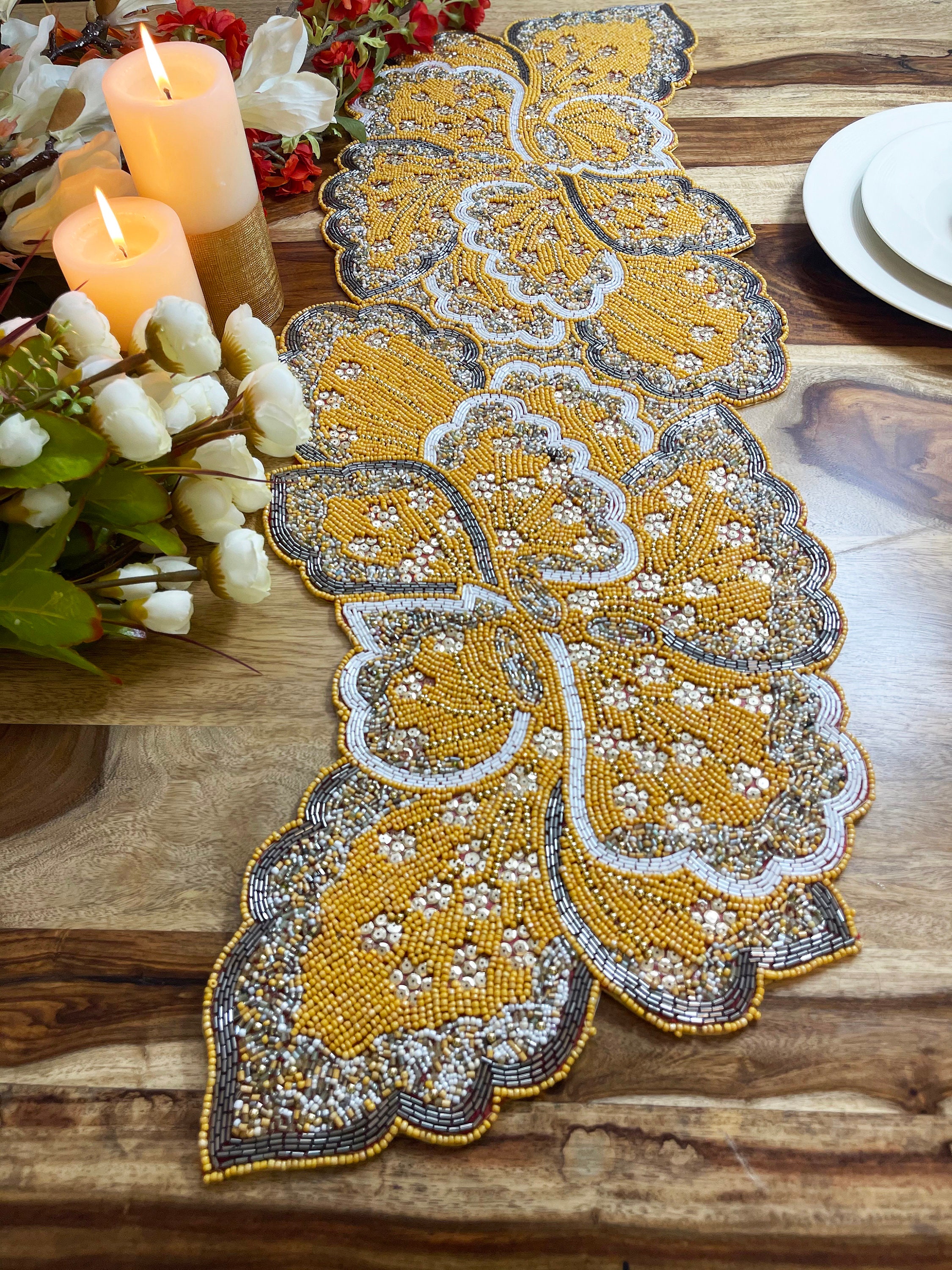 Handmade table runner beaded table runner yellow grey Etsy