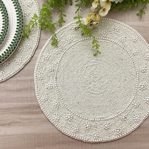 Handmade placemat, living room table decoration, beaded tablemat, cream Pearl