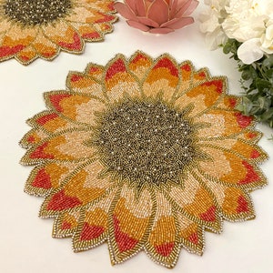 Handmade beaded placemat, floral yellow gold tablemat, 14 inch, charger plate