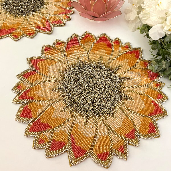 Handmade beaded placemat, floral yellow gold tablemat, 14 inch, charger plate