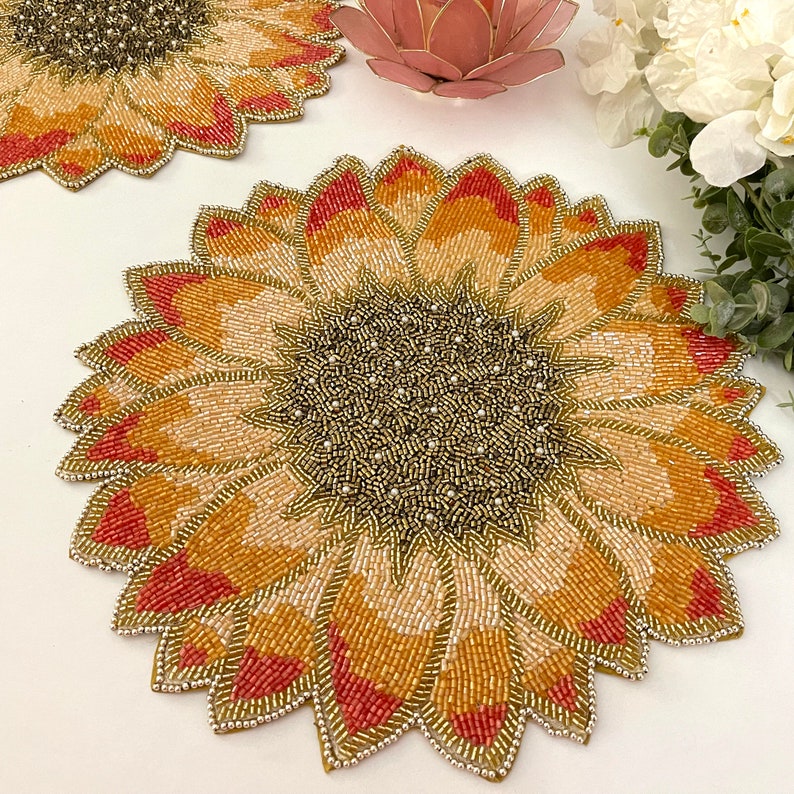 Handmade beaded placemat, floral yellow gold tablemat, 14 inch, charger plate Bild 1