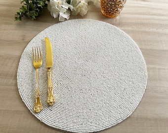 Set of 6, Handmade beaded placemat, beaded table mat, white (more colour options available)