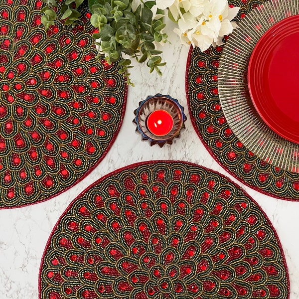Red Beaded Placemat Etsy
