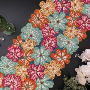 Handmade bead table runner, multicolour floral beaded runner, 13x36inch
