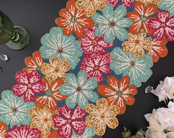 Handmade bead table runner, multicolour floral beaded runner, 13x36inch