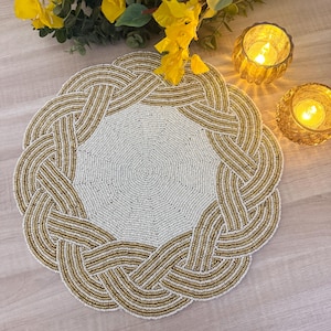 Handmade beaded placemat, Cream-white with gold, bead charger, tablemat