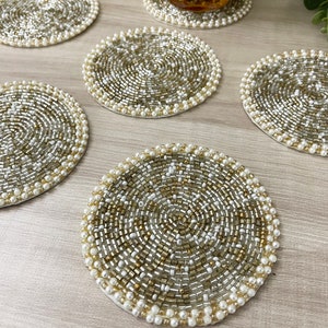 Coasters set of 6, drink coasters, gold silver and white beaded coasters, gift for her, housewarming gift image 4