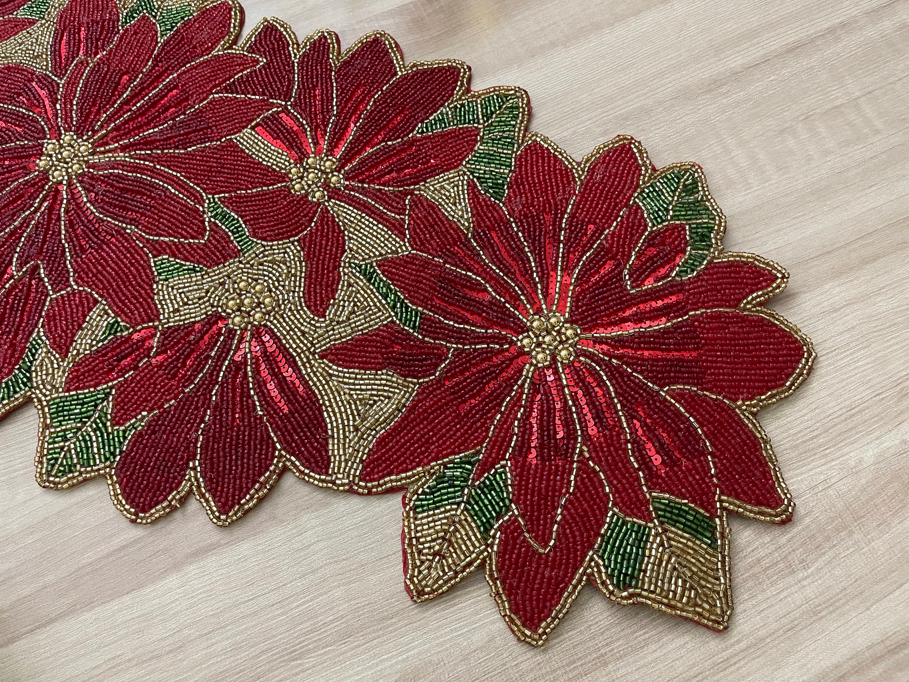 Handmade Christmas Table Runner: Floral Beaded Poinsettia, 13x36 Inch ...