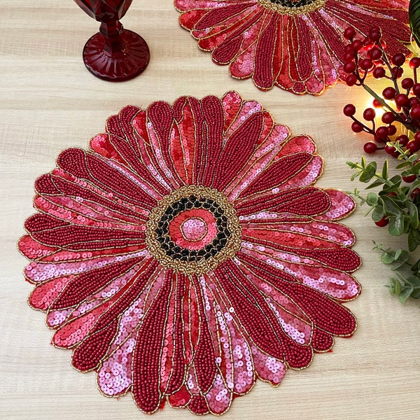 Handmade beaded placemat, floral red tablemat, 14 inch, charger plate