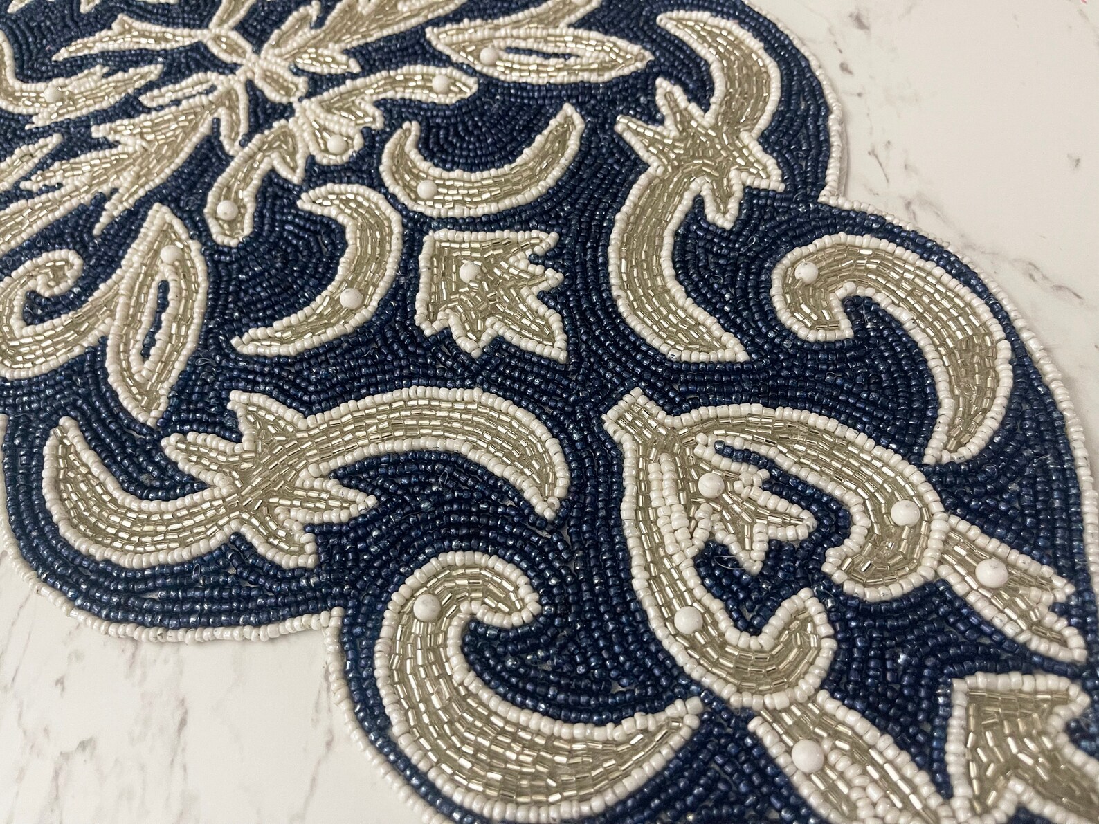 Handmade Bead Table Runner Floral Beaded Navy Blue Silver Etsy