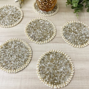 Coasters set of 6, drink coasters, gold silver and white beaded coasters, gift for her, housewarming gift image 2