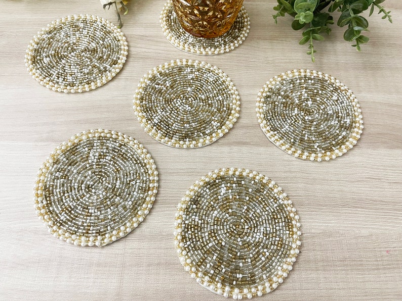 Coasters set of 6, drink coasters, gold silver and white beaded coasters, gift for her, housewarming gift image 2