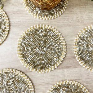 Coasters set of 6, drink coasters, gold silver and white beaded coasters, gift for her, housewarming gift