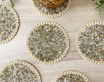 Coasters set of 6, drink coasters, gold silver and white beaded coasters, gift for her, housewarming gift