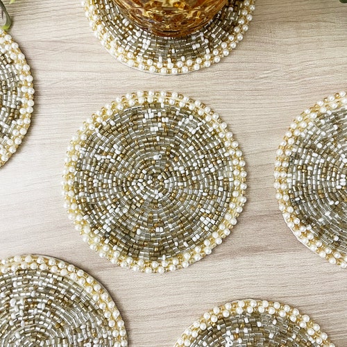 Glass Box Set of 6 Beaded Weighted Coasters- Made in India Indian Handmade Beaded Glass Coasters for Weddings & Parties main image 4