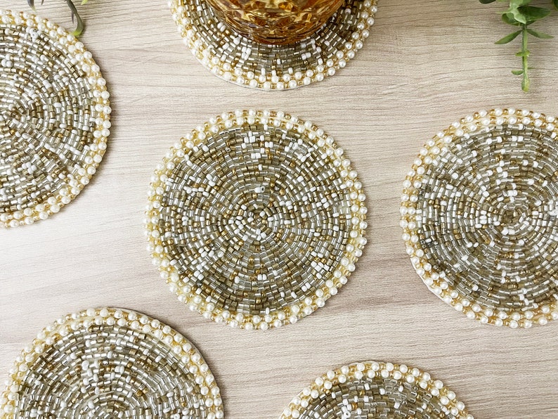 Coasters set of 6, drink coasters, gold silver and white beaded coasters, gift for her, housewarming gift