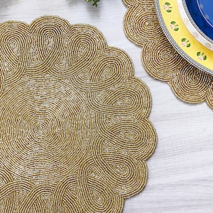 Handmade beaded placemat, tablemat, 14 inch, gold charger plate, gift for her 