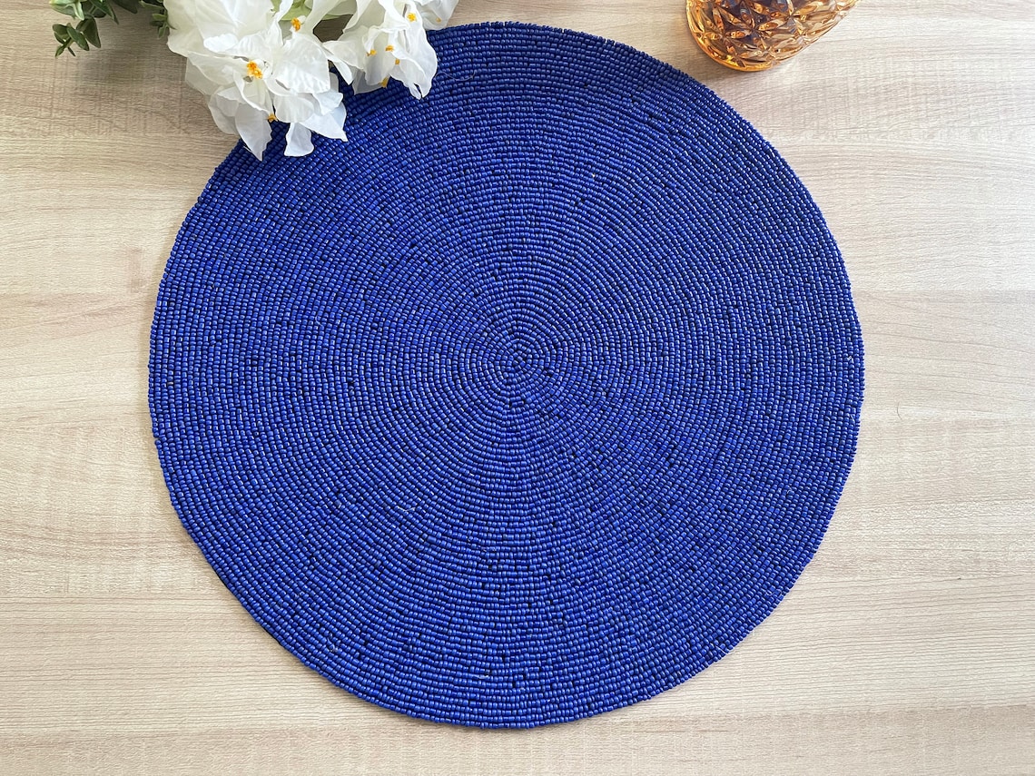 Set of 6 Handmade Beaded Placemat Beaded Table Mat Navy Etsy