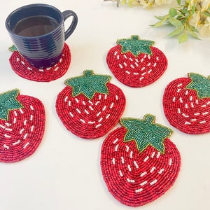 Set of 6 coasters, drink coasters, strawberry beaded coasters, gift for her, housewarming gift image 8