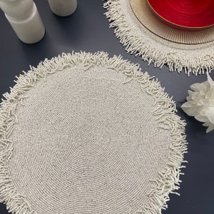 Luxury beaded placemat, tablemat, 14 inch, white charger placemats, gift for her 