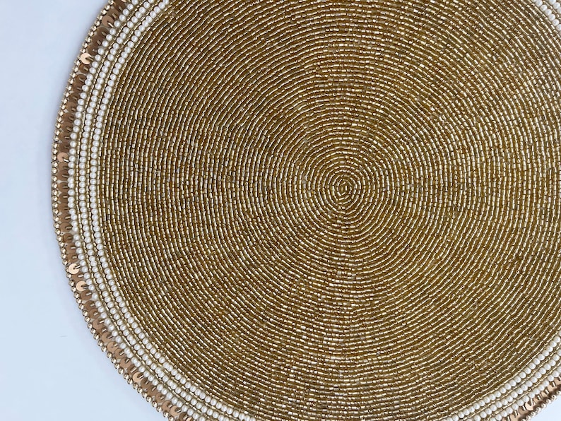 Two Handmade Bead Sequin Placemat 14 Inch Golden Charger Etsy