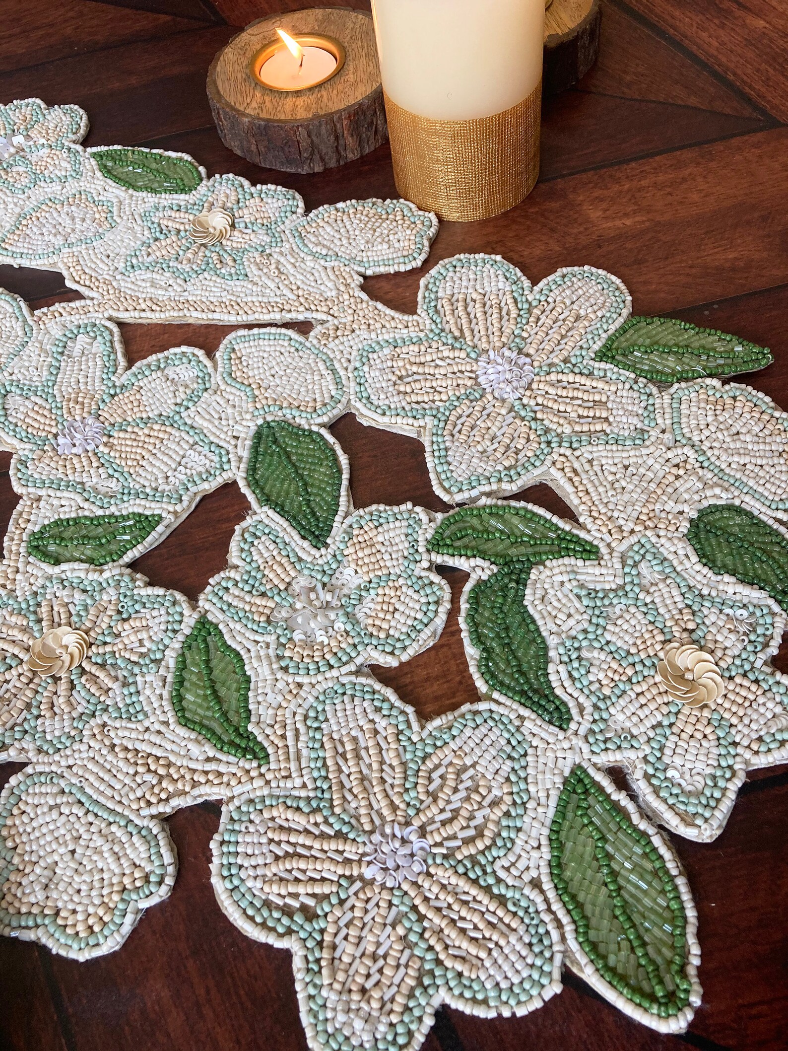 Handmade table runner beaded runner floral cutwork bead Etsy