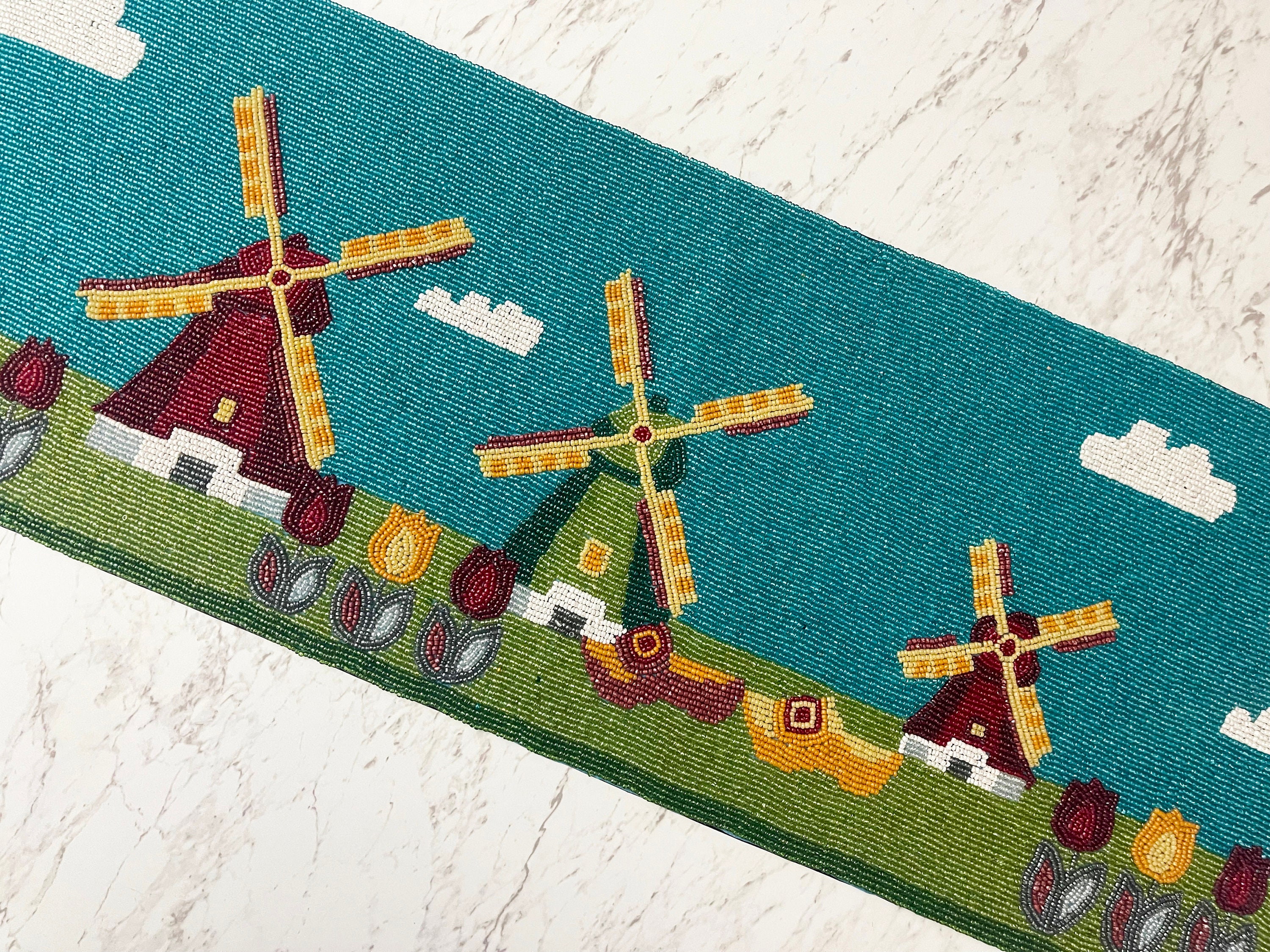 Handmade beaded table runner, Dutch klompen, windmills and tulip fields