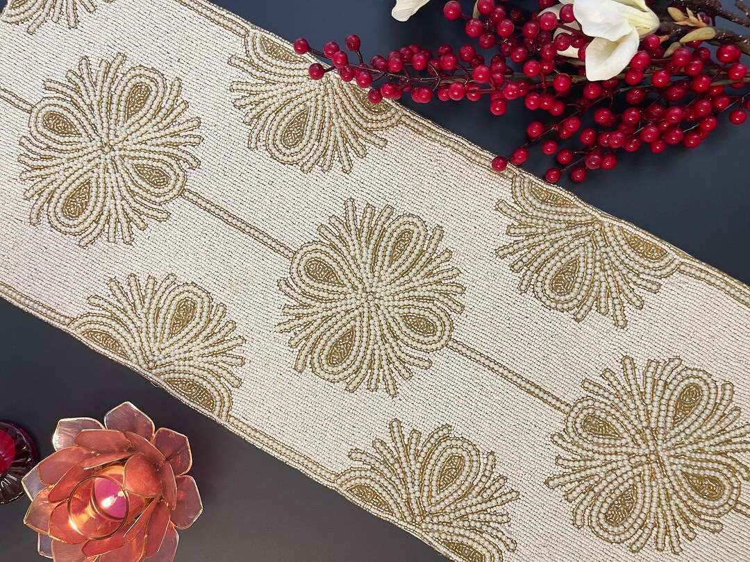 Handmade Beaded Table Runner: Cream & Gold Floral Design - Etsy