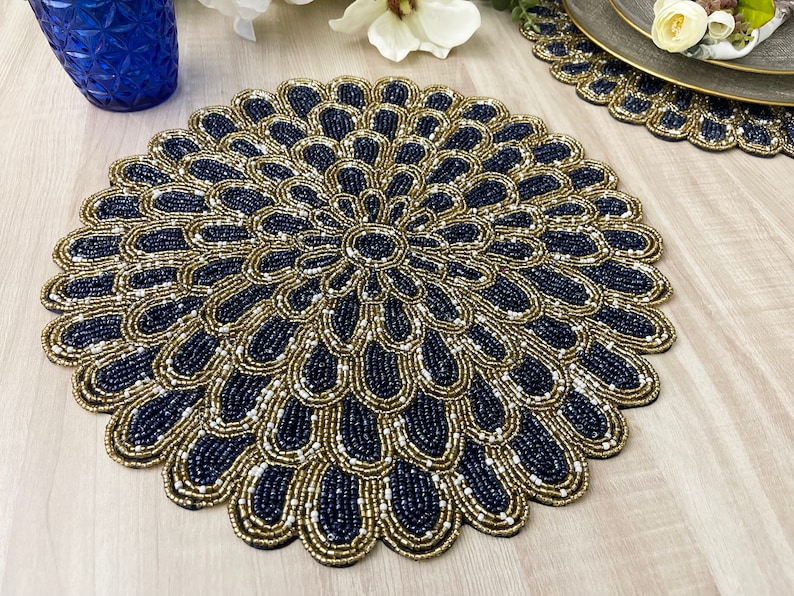 Handmade Placemat Beaded Round Table Placemat Navy Blue Etsy