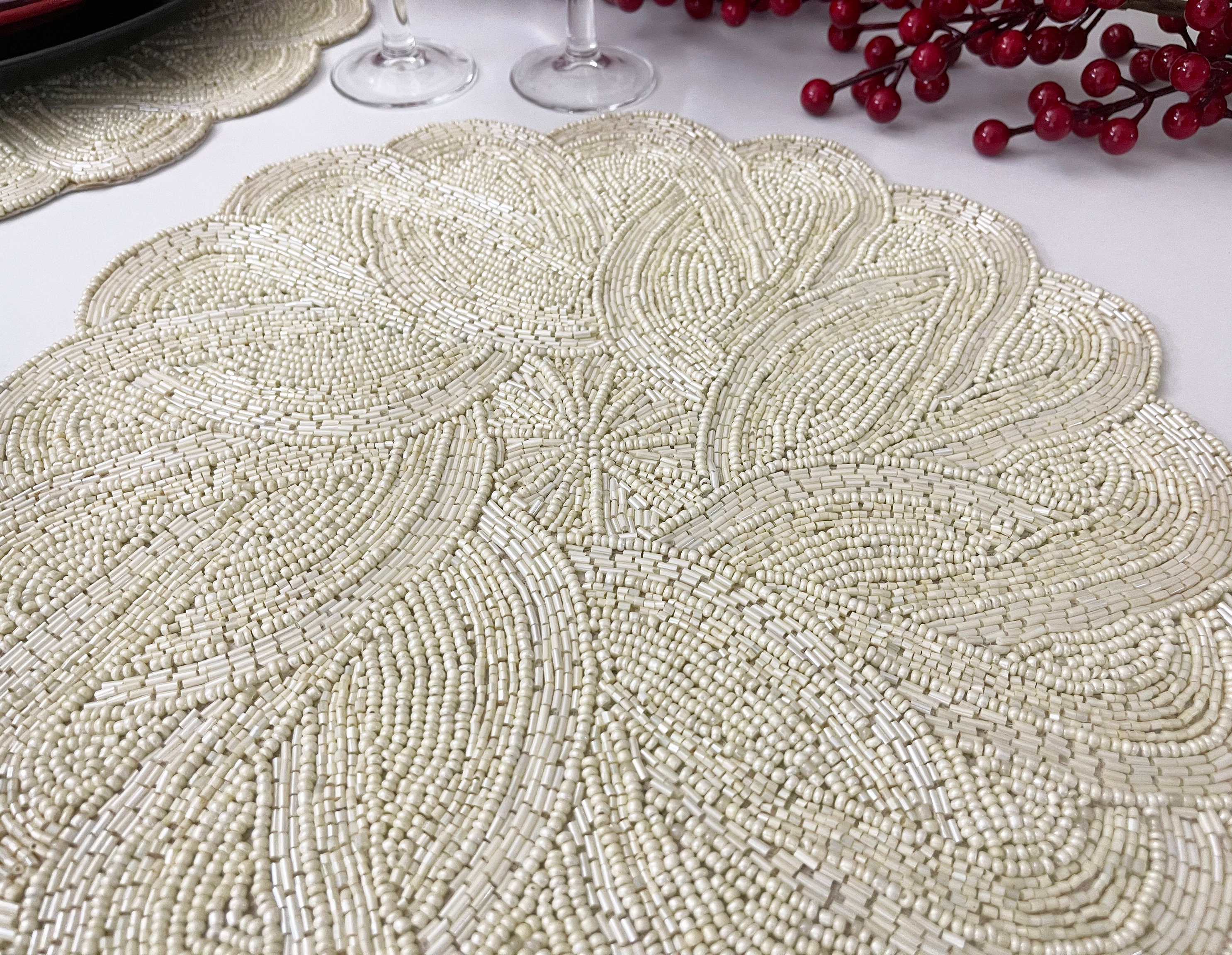 Handmade Beaded Placemat Beaded Tablemat 14 Inch off White Etsy
