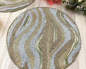Handmade bead table placemat, beaded Silver and Gold, 14 inch