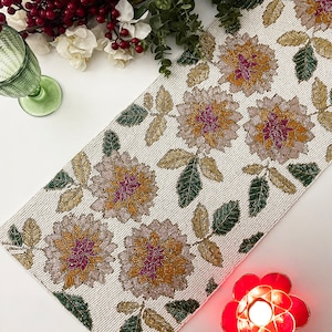 Floral spring table runner, handmade beaded, 13x36inch, multicolour