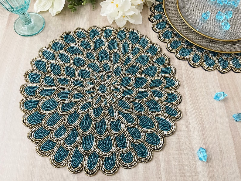 Handmade Bead Table Runner, Peacock Floral Beaded Runner / Placemat - Etsy