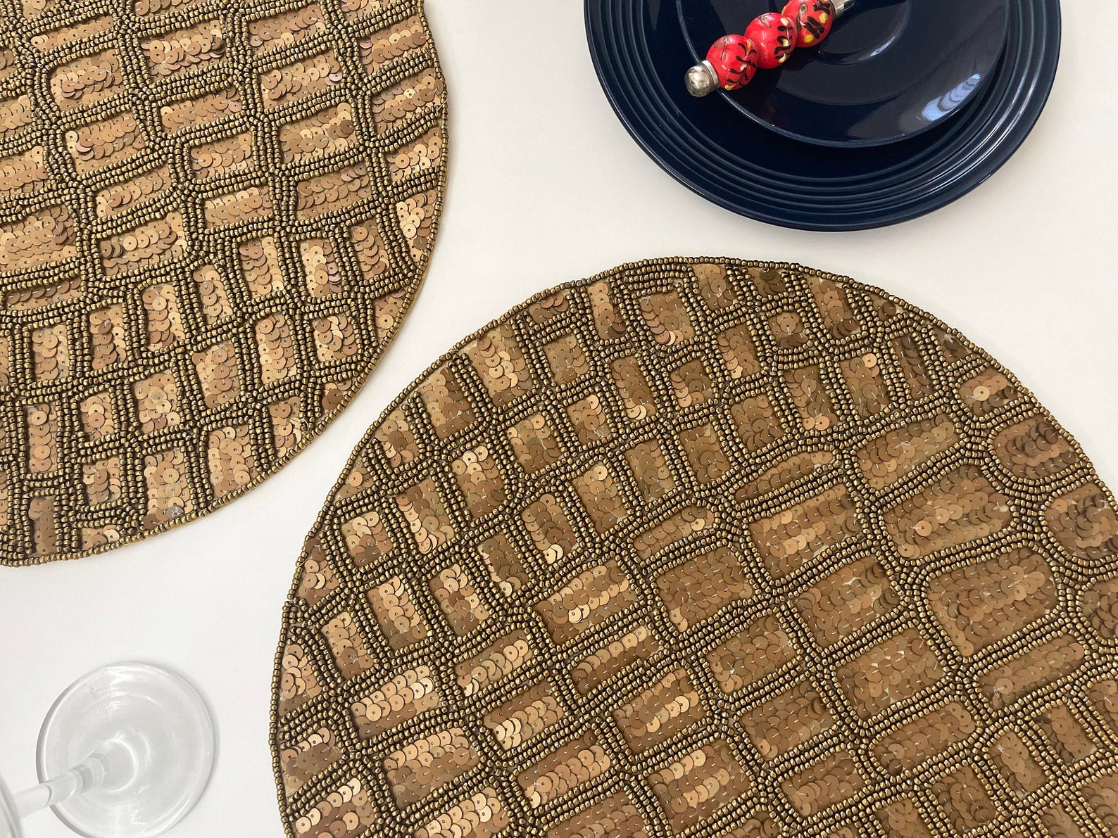 Handmade Beaded Sequin Placemat Tablemat 14 Inch Golden Etsy